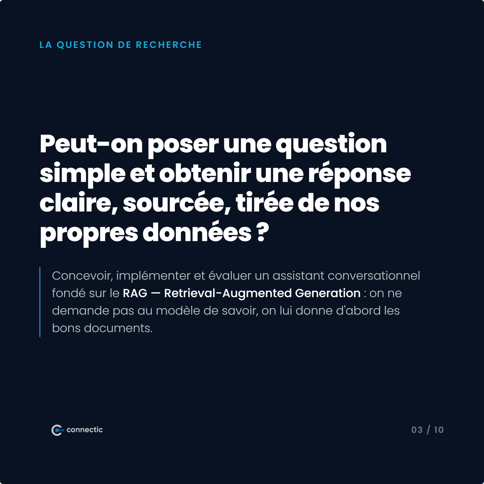 Slide présentant la question de recherche du mémoire : concevoir un assistant conversationnel basé sur le RAG (Retrieval-Augmented Generation)